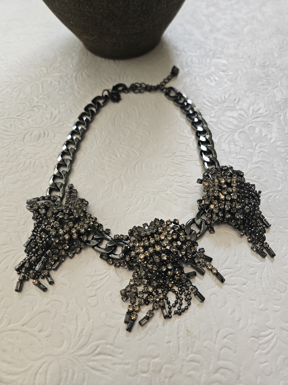 Gunmetal Crystal Fringe Statement Necklace